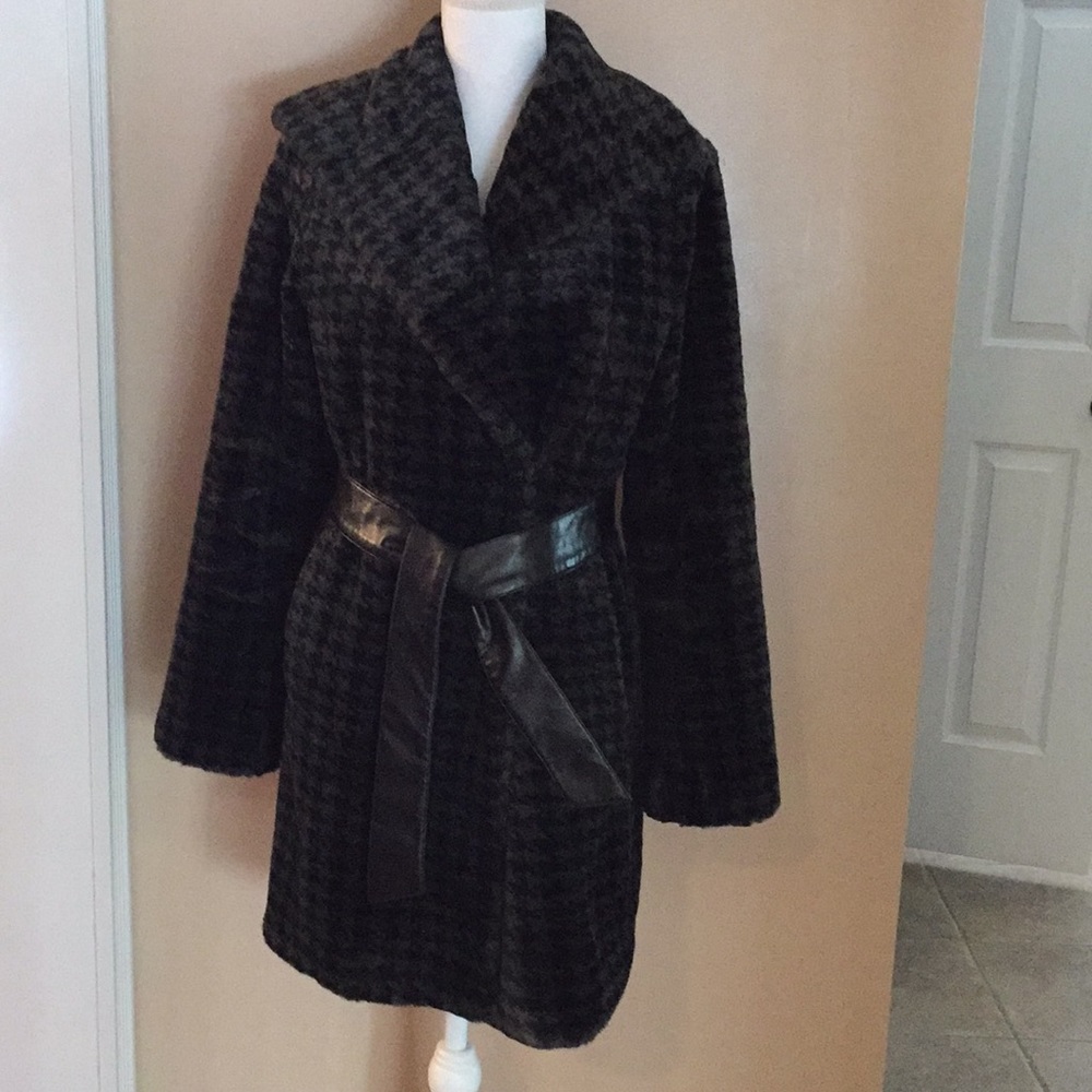 Calvin Klein Herringbone Faux Fur Coat XS